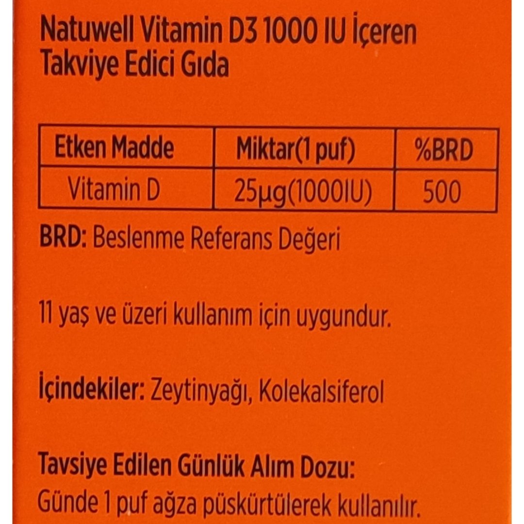 Natuwell Vitamin D3 1000IU Sprey 20 ml 140 Puf Sprey