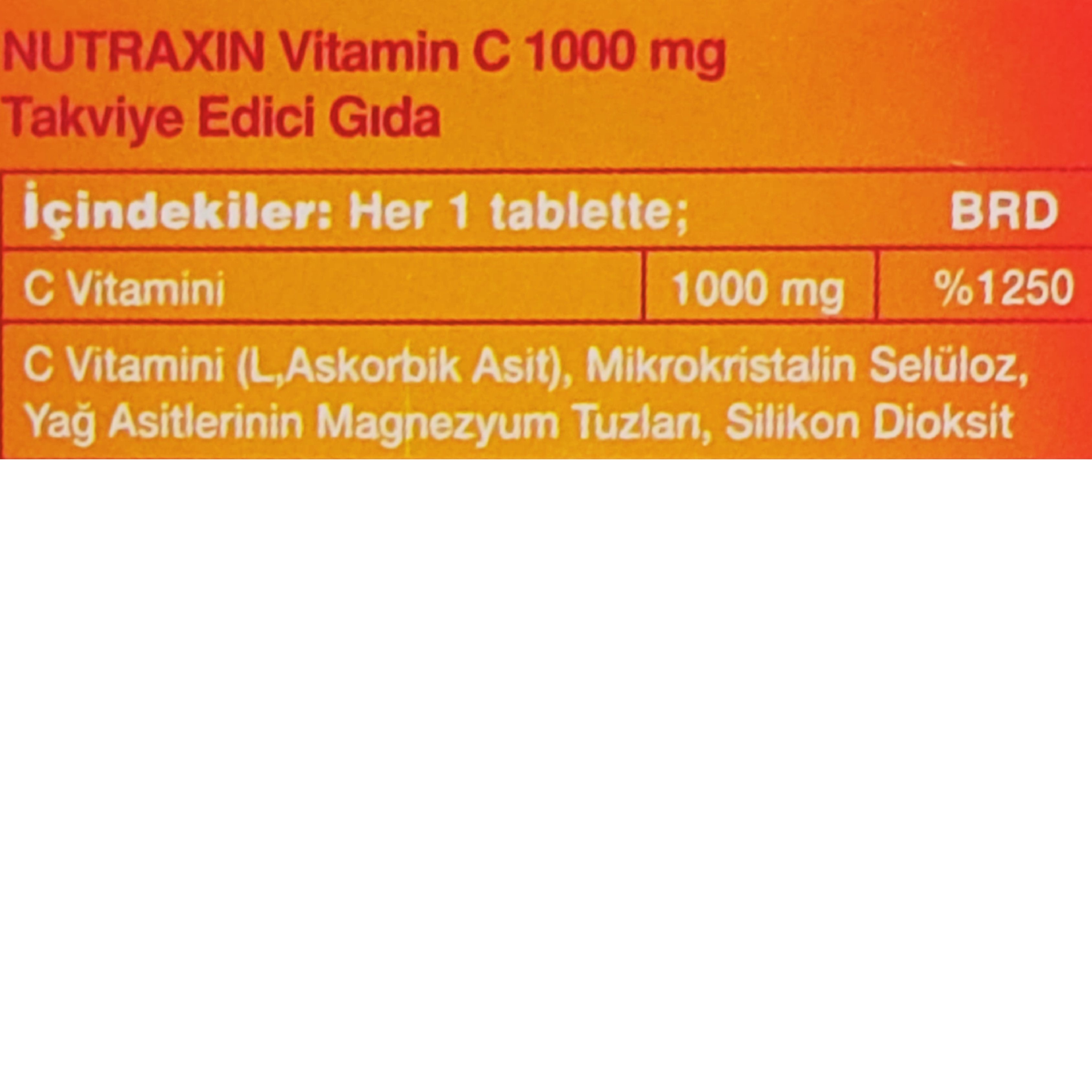 Nutraxin Vitamin C 1000 mg Takviye Edici Gıda 30 Tablet