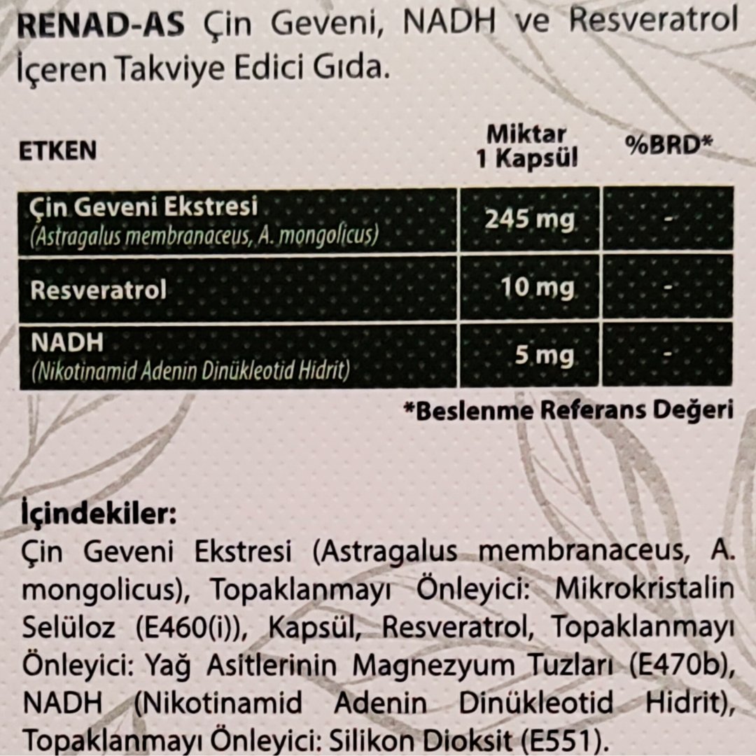 Renad-As , Astragalus (Çin Geveni ) , Nadh ,resveratrol Içeren 30 Kapsül Renadas