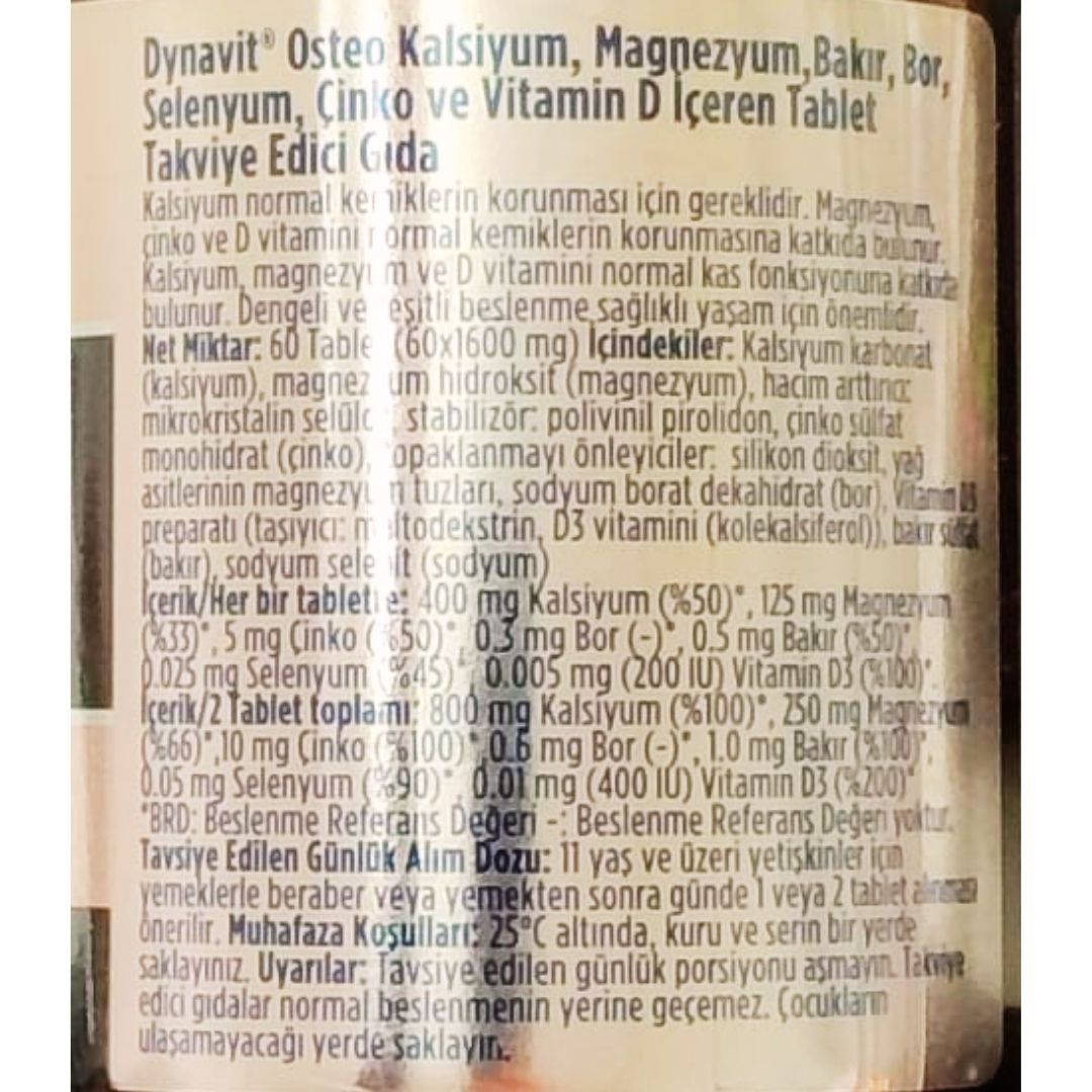 Dynavit Osteo Kalsiyum, Magnezyum, Bakır, Bor, Selenyum, Çinko ve D Vit İçeren 60 Tablet