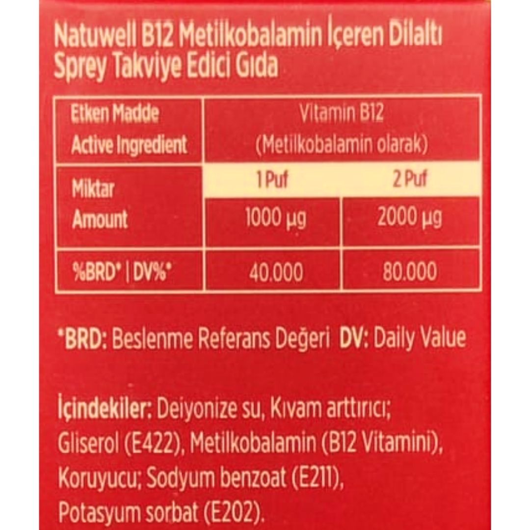 Natuwell B12 1000 ug Takviye Edici Gıda Dilaltı Sprey 10 ml - 66 Puf