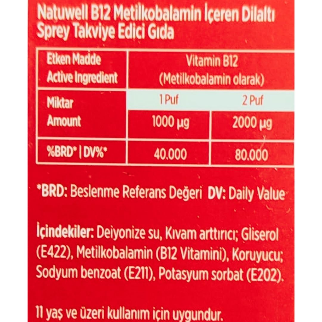 Natuwell B12 1000 ug Takviye Edici Gıda Dilaltı Sprey 5 ml