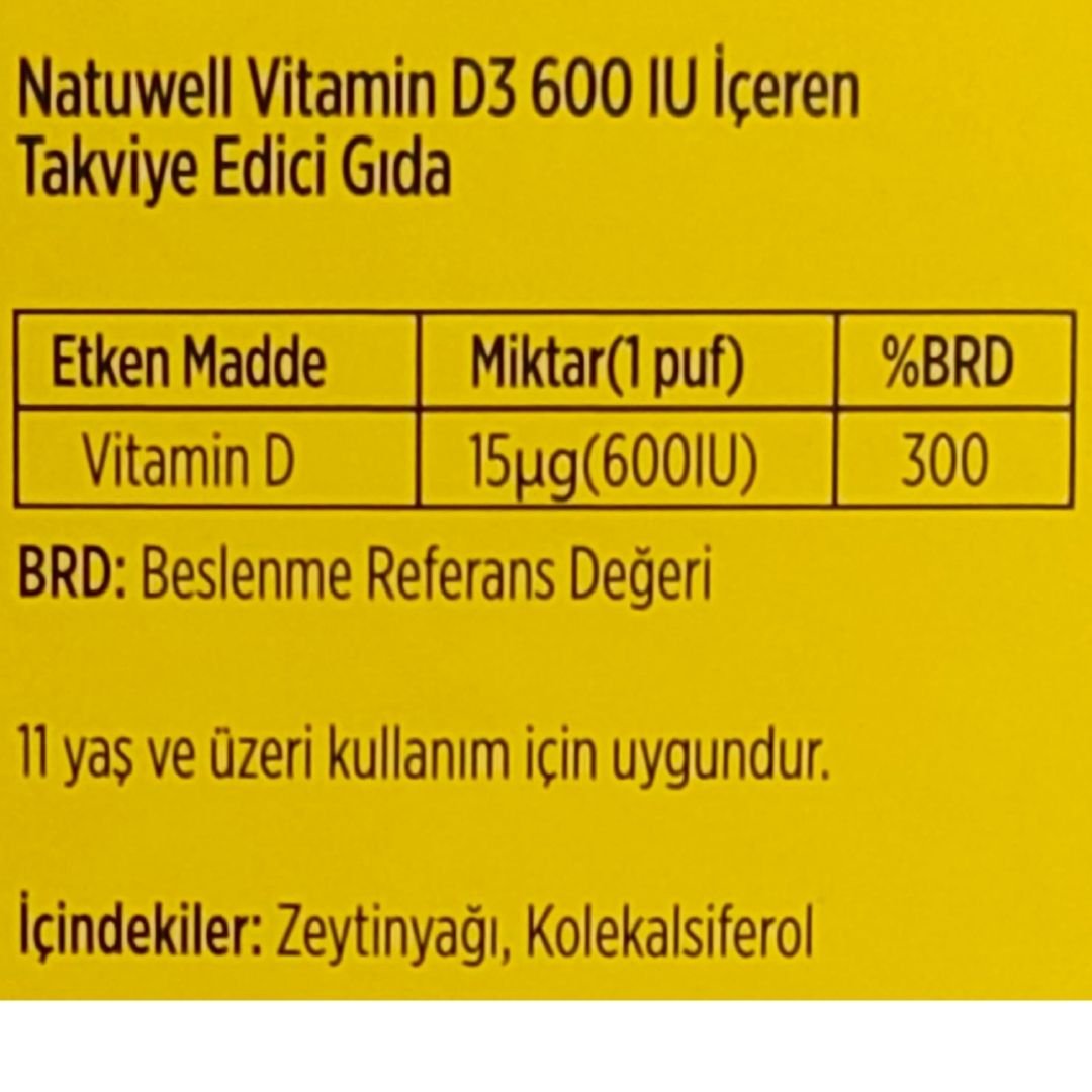 Natuwell Vitamin D3 600 IU Takviye Edici Gıda 20 ml-140 Puf Sprey