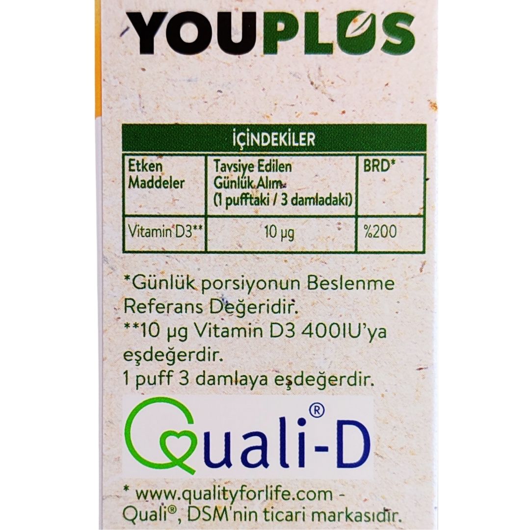 Youplus Vitamin D3 400IU Oral Sprey 20 ml - 150 puf - 450 Damla