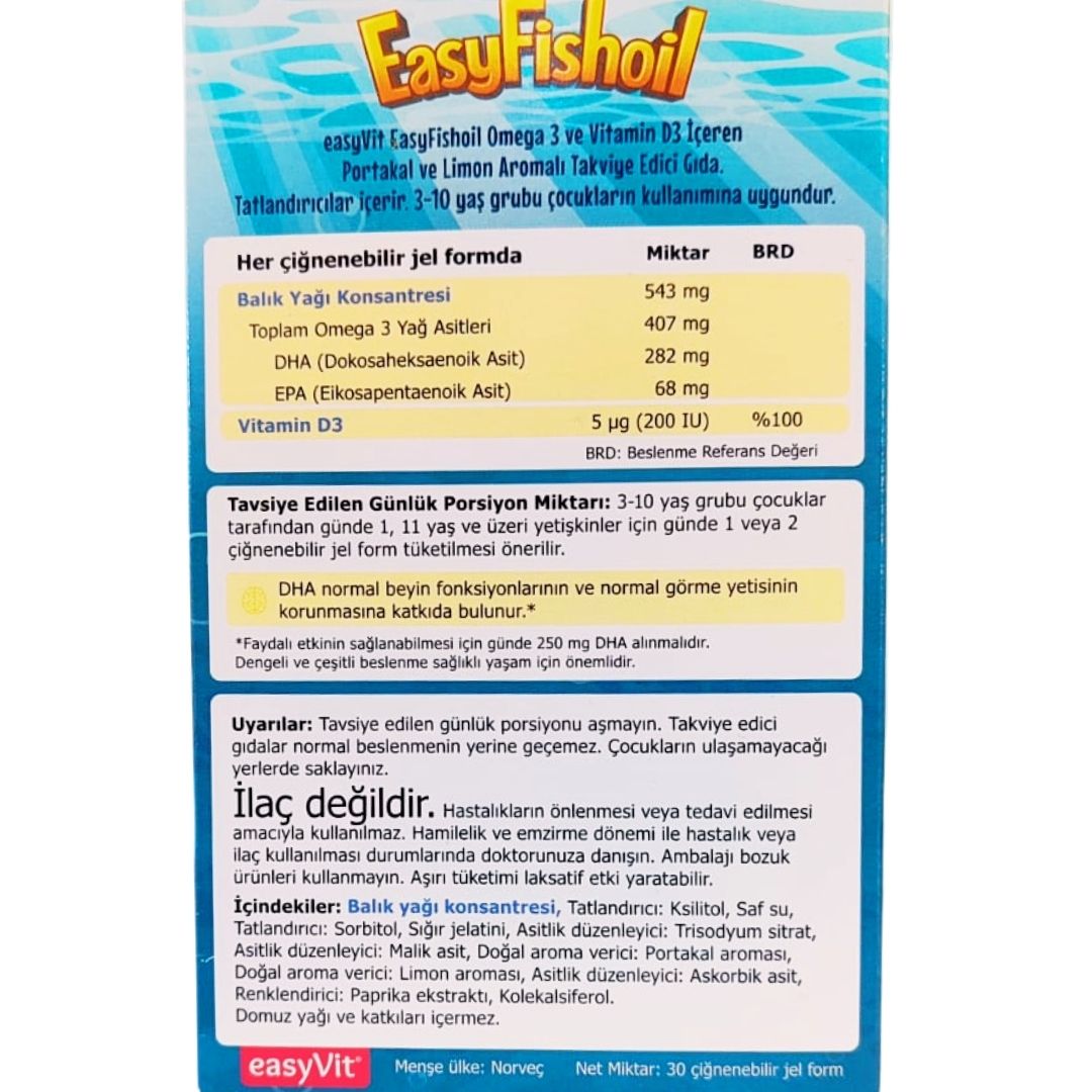 Easy Fish Oil Portakal ve Limon Aromalı Balık Yağı ve D Vitamini 30 Çiğnenebilir Form