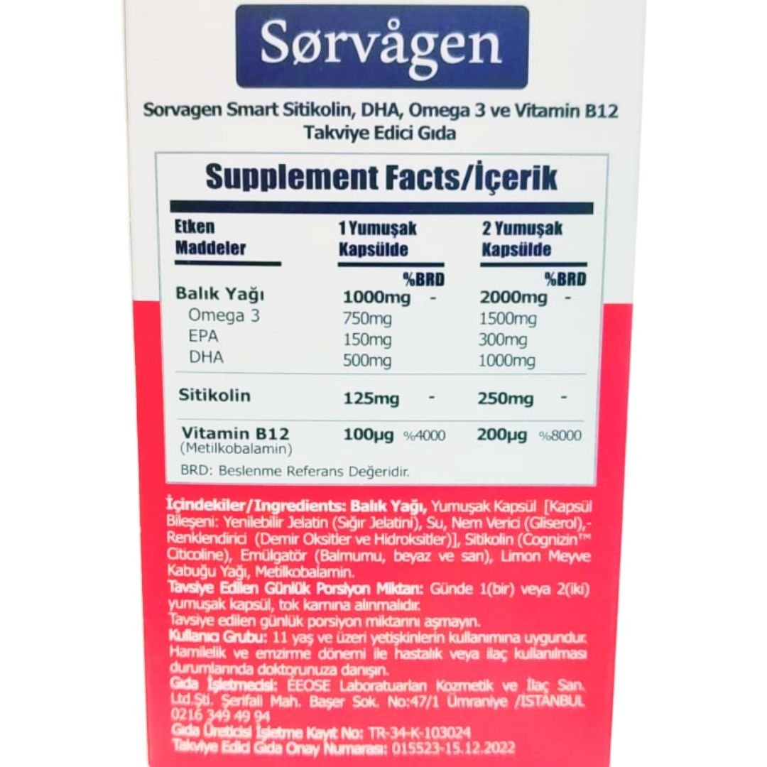 Sorvagen Smart Sitikolin DHA Omega 3 ve B12 30 Kapsül